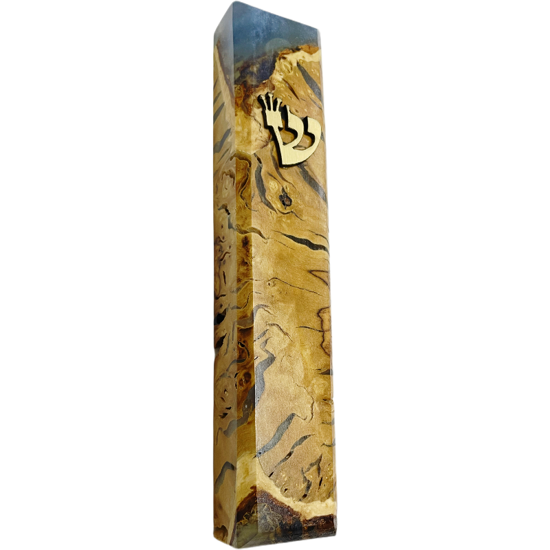 בית מזוזה שורש זית עתיק ואפוקסי בגוון כחול 