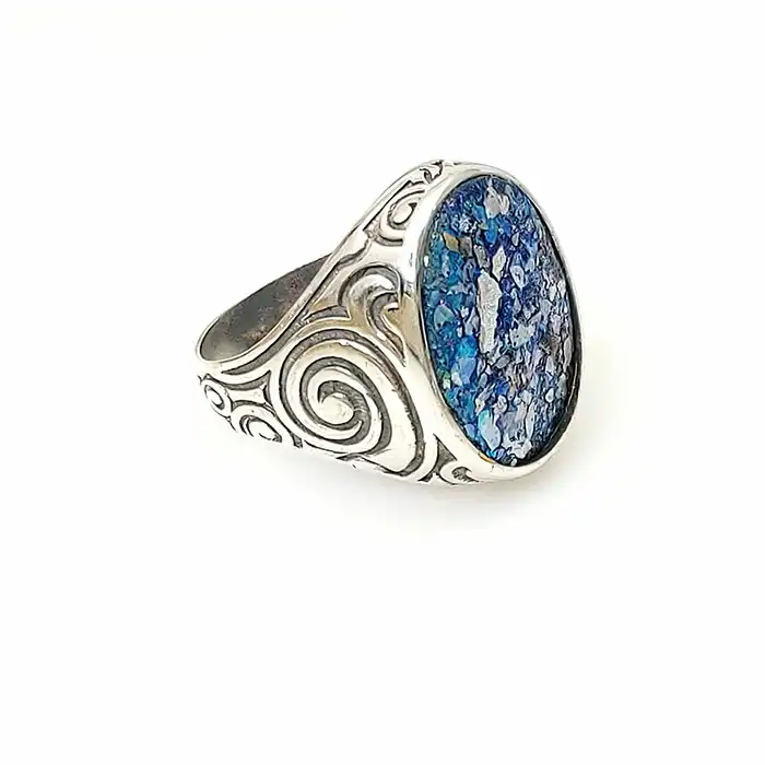 טבעת לגבר כסף 925 עבודת יד עם אבן זכוכית רומית