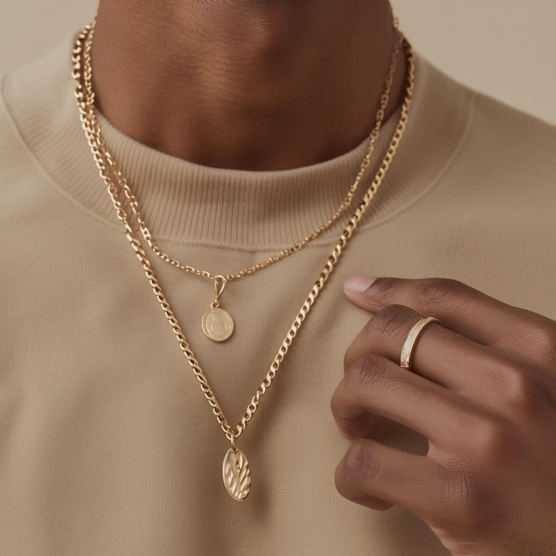 סט גברי מוזהב – טבעת ושרשראות עם תליון