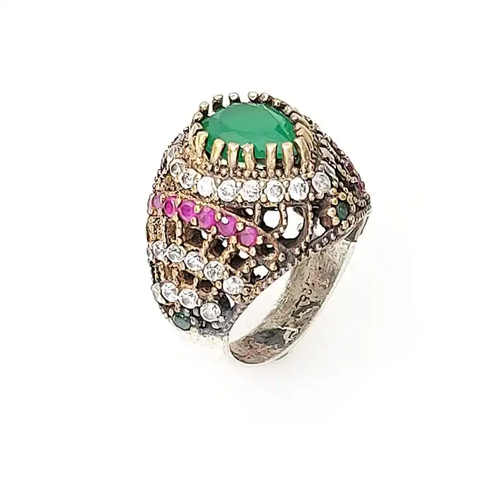 טבעת כסף 925 עבודת יד משובצת באבנים טביעות