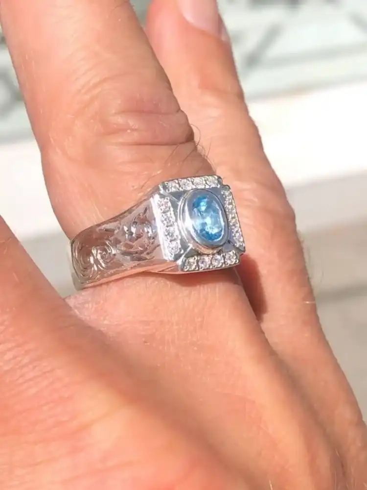 Men's Silver Ring with Aquamarine & Diamonds