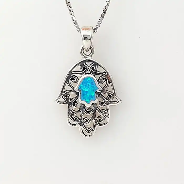 תליון יודאיקה חמסה עם אבן אופל כסף 925 כולל שרשרת