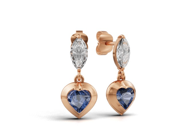 עגילי לב משובצים באבן חן כחולה – אלגנטיות רומנטית בזהב ורוד