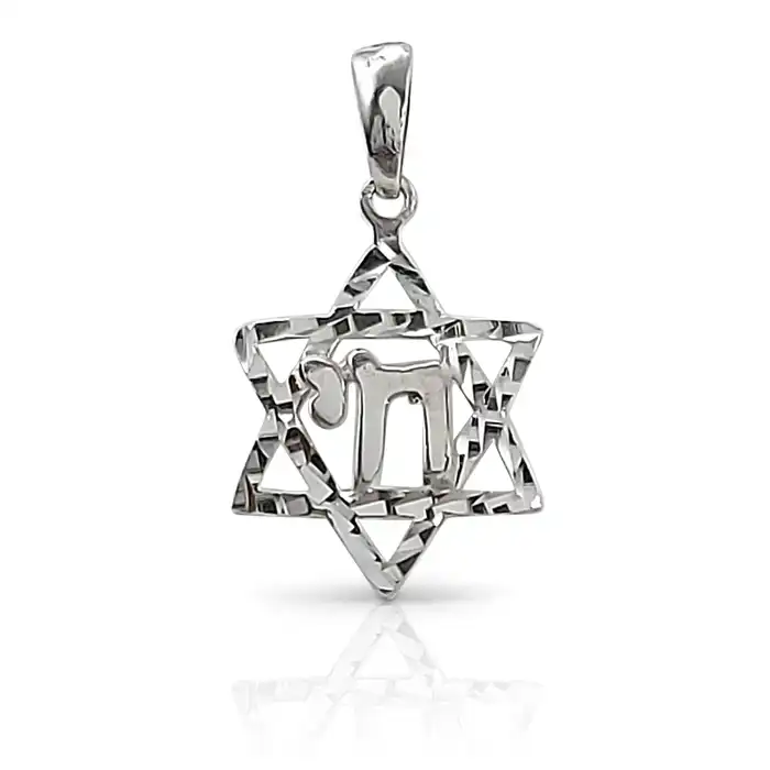 תליון זהב לבן מגן דוד עם חי 14K