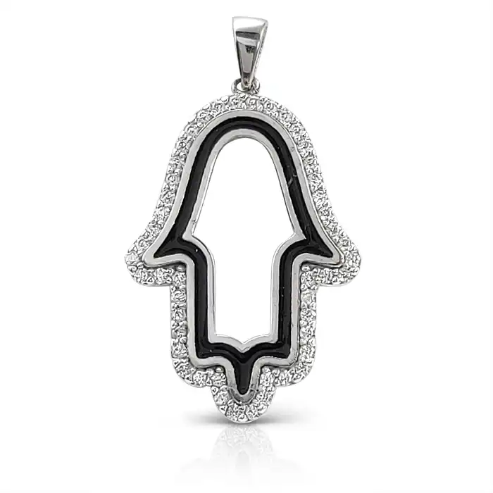 תליון חמסה עם אמייל שחור וזירקונים 14K