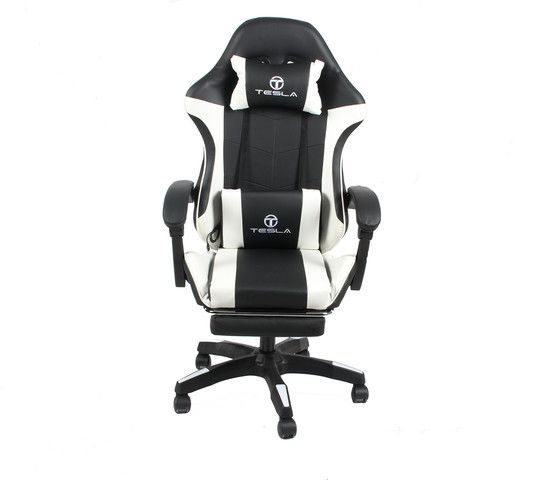 כיסא גיימינג כולל הדום נפתח לרגליים Tesla בצבע לבן שחור