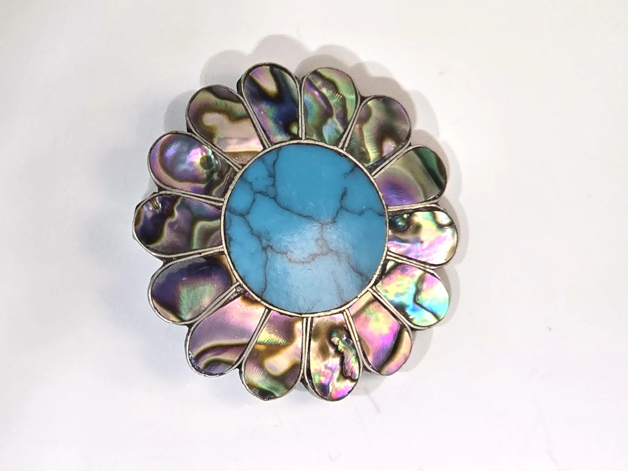 תליון סיכה פרחוני מכסף סטרלינג 925 עם טורקיז טבעי ואם הפנינה - וינטג׳