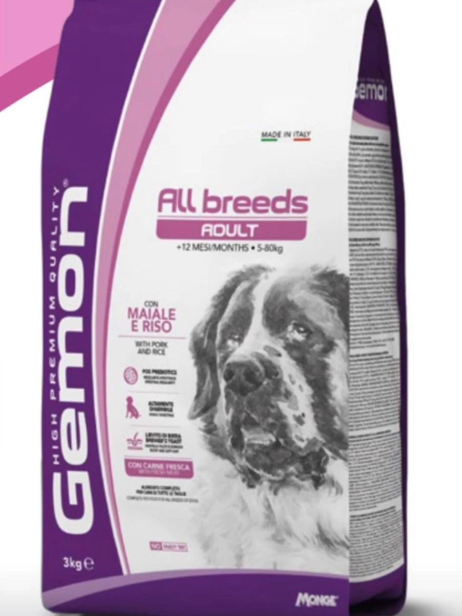 מזון לכלבים בוגרים ולכל הגזעים בטעם חזיר ואורז מבית ג׳מון 