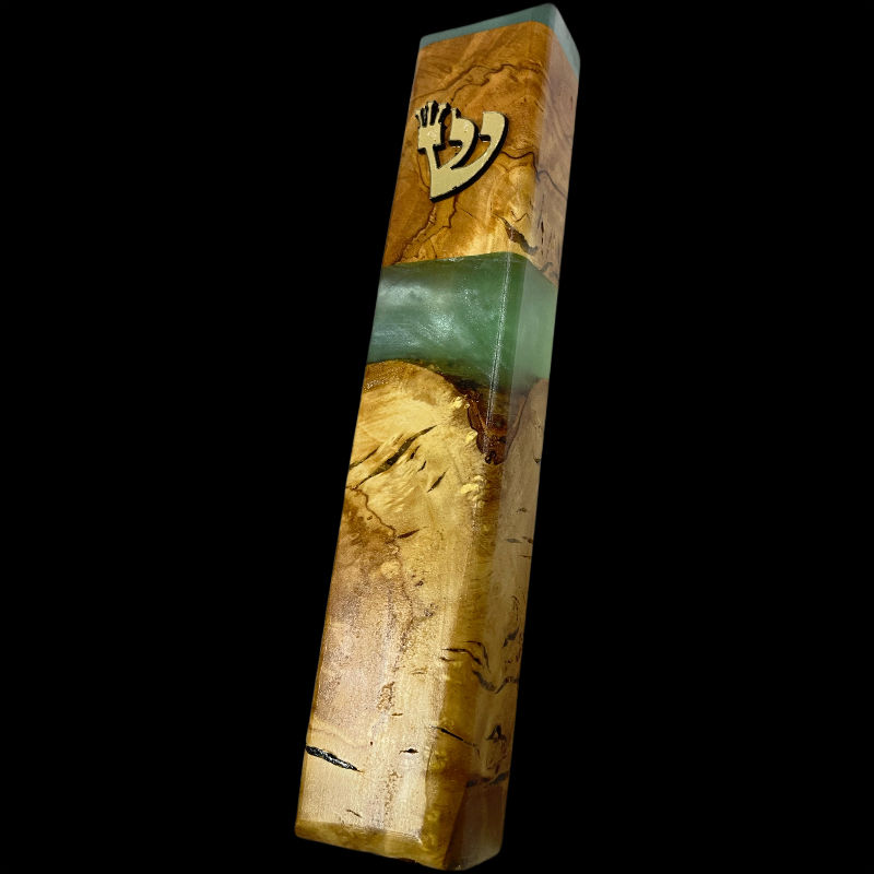 בית מזוזה עץ זית ואפוקסי גוון טורקיז 