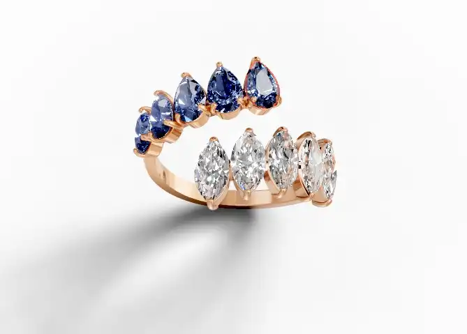 טבעת שתי זרועות יהלומי מרקיזה וספירים.