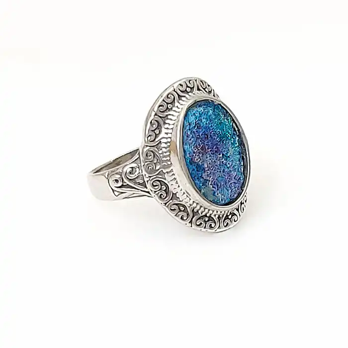 טבעת כסף 925 עבודת יד עם אבן זכוכית רומית