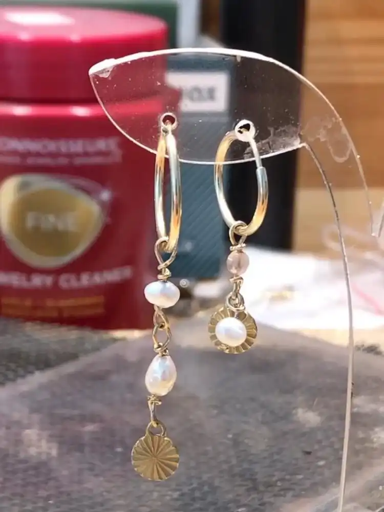 14k gold earrings with natural pearls and little sun