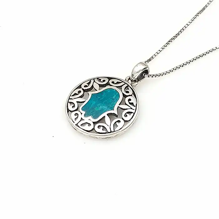 תליון יודאיקה עם חמסה משובצת עם אבן אילת כסף 925 עם שרשרת