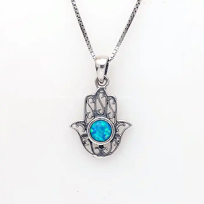 תליון חמסה יודאיקה עם אבן אופל כסף 925 כולל שרשרת