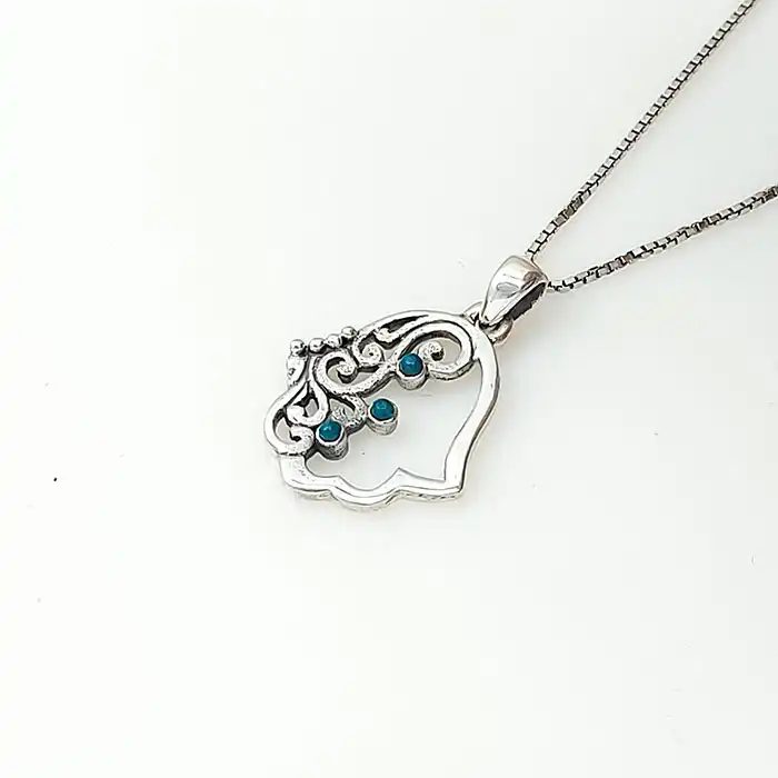 תליון חמסה עם אבן אילת כולל שרשרת כסף 925