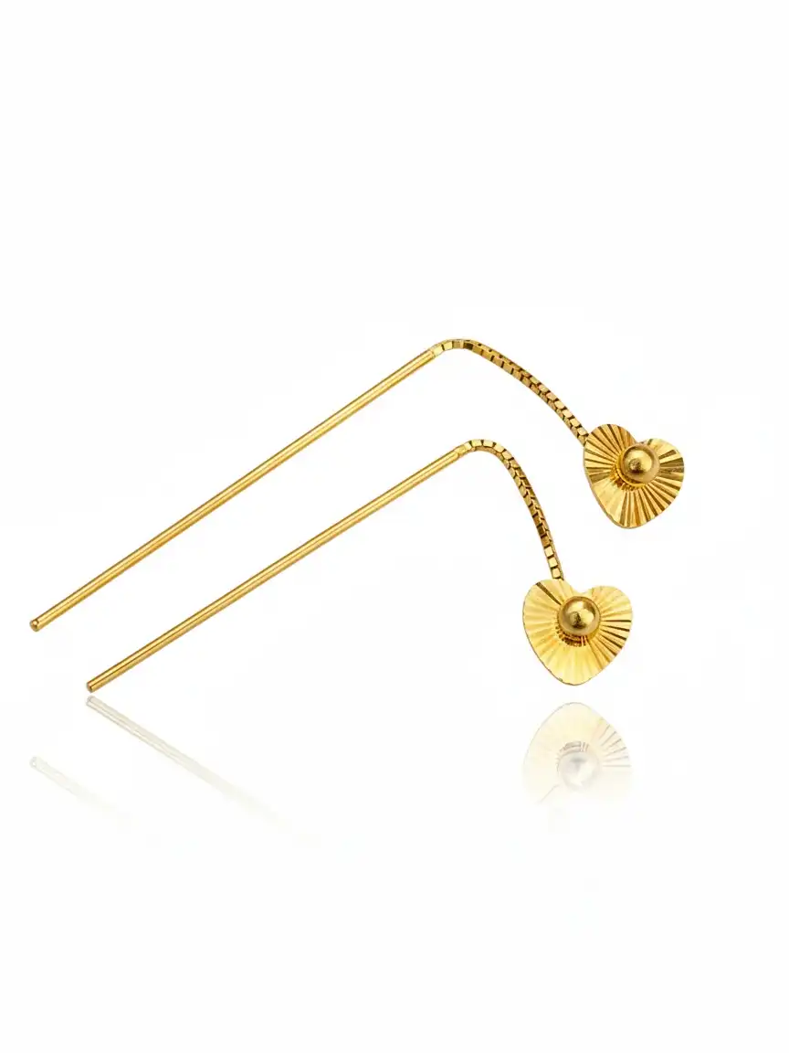 עגיל זהב לב - עגילי חוט תלויים זהב צהוב