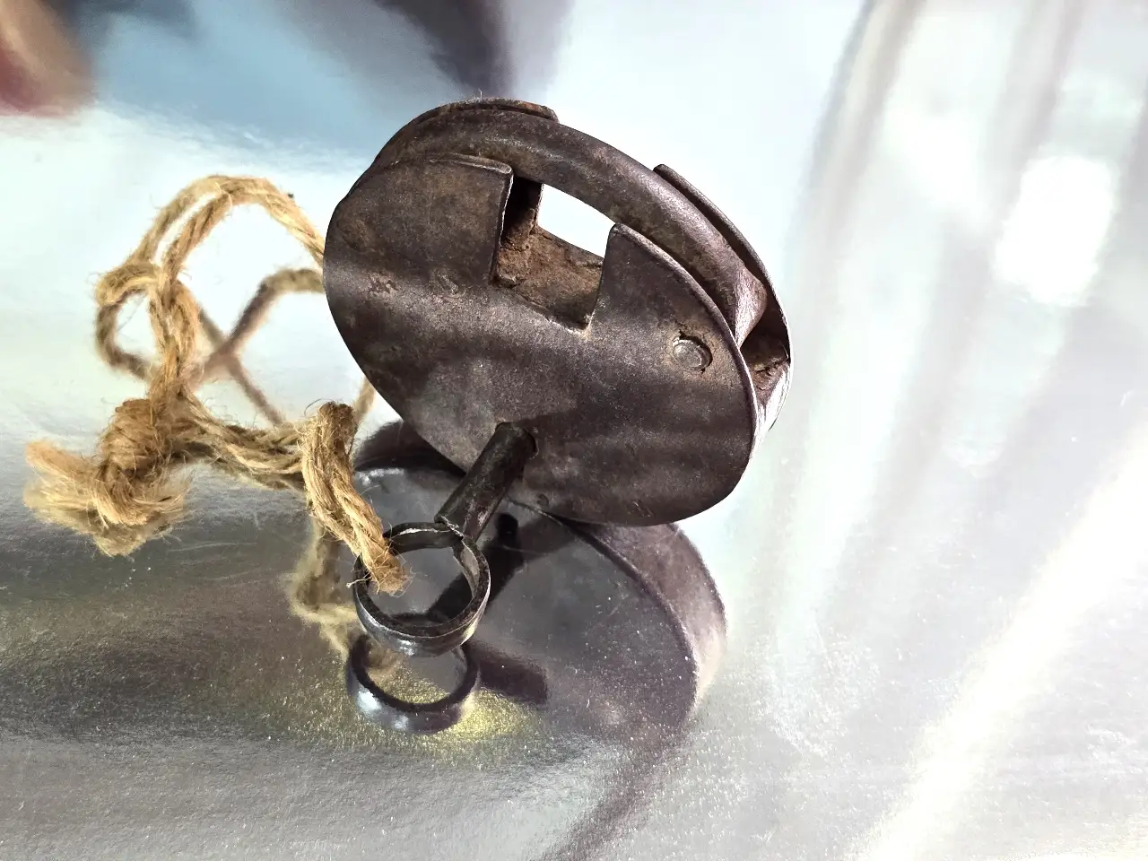 מנעול ממתכת ישן מאוד, עם מפתח מקורי, עובד ופועל. מידה: 7.5 על 1.5 סמ