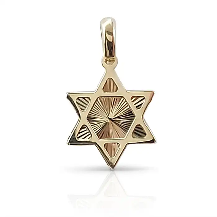 מגן דוד בחריטת שמש זורחת – תליון יודאיקה מזהב 14K