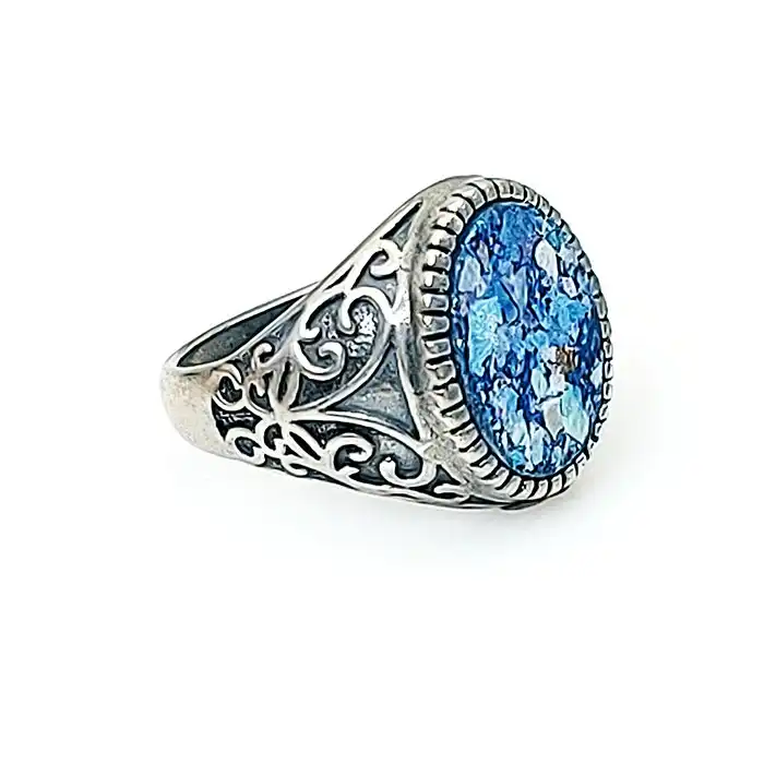 טבעת לגבר כסף 925 עבודת יד עם אבן זכוכית רומית