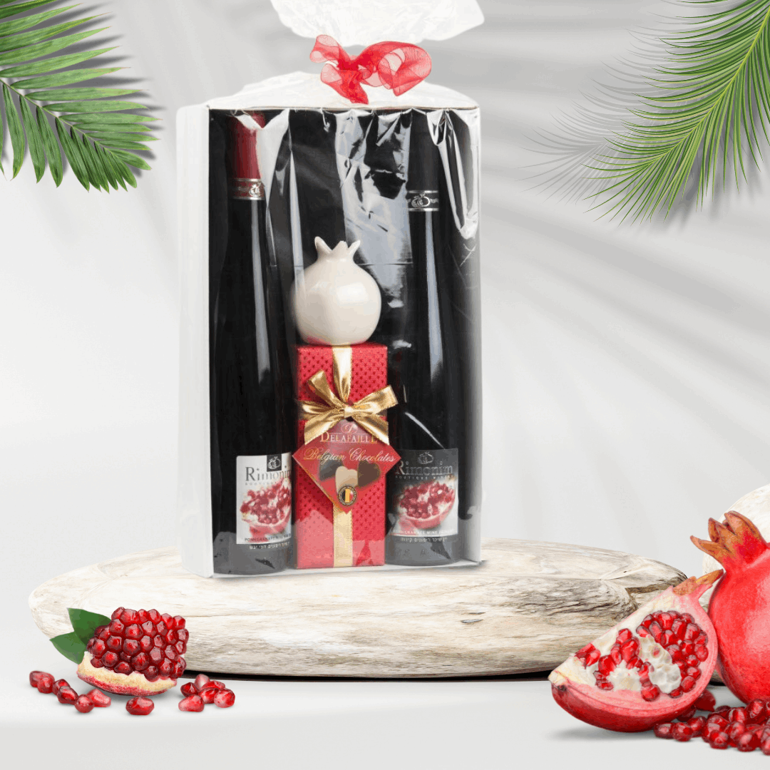 מארז יוקרתי המכיל 2 בקבוקי יין רימונים חצי יבש, וקינוח ורימון נוי