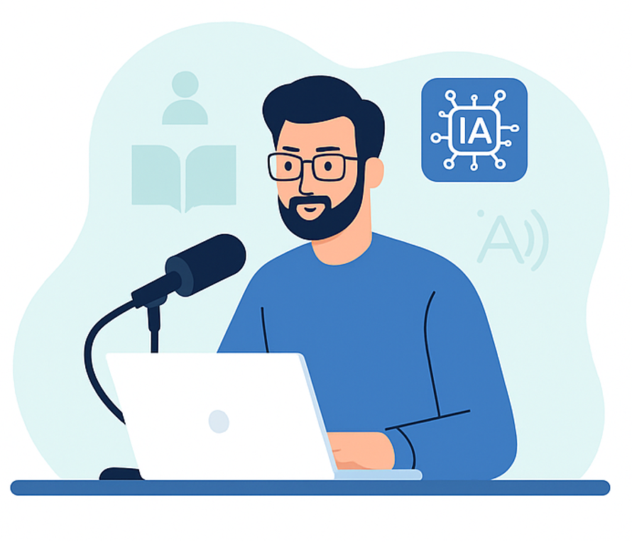 Ilustração de um homem gravando um podcast em seu laptop, com um ícone de Inteligência Artificial ao fundo.