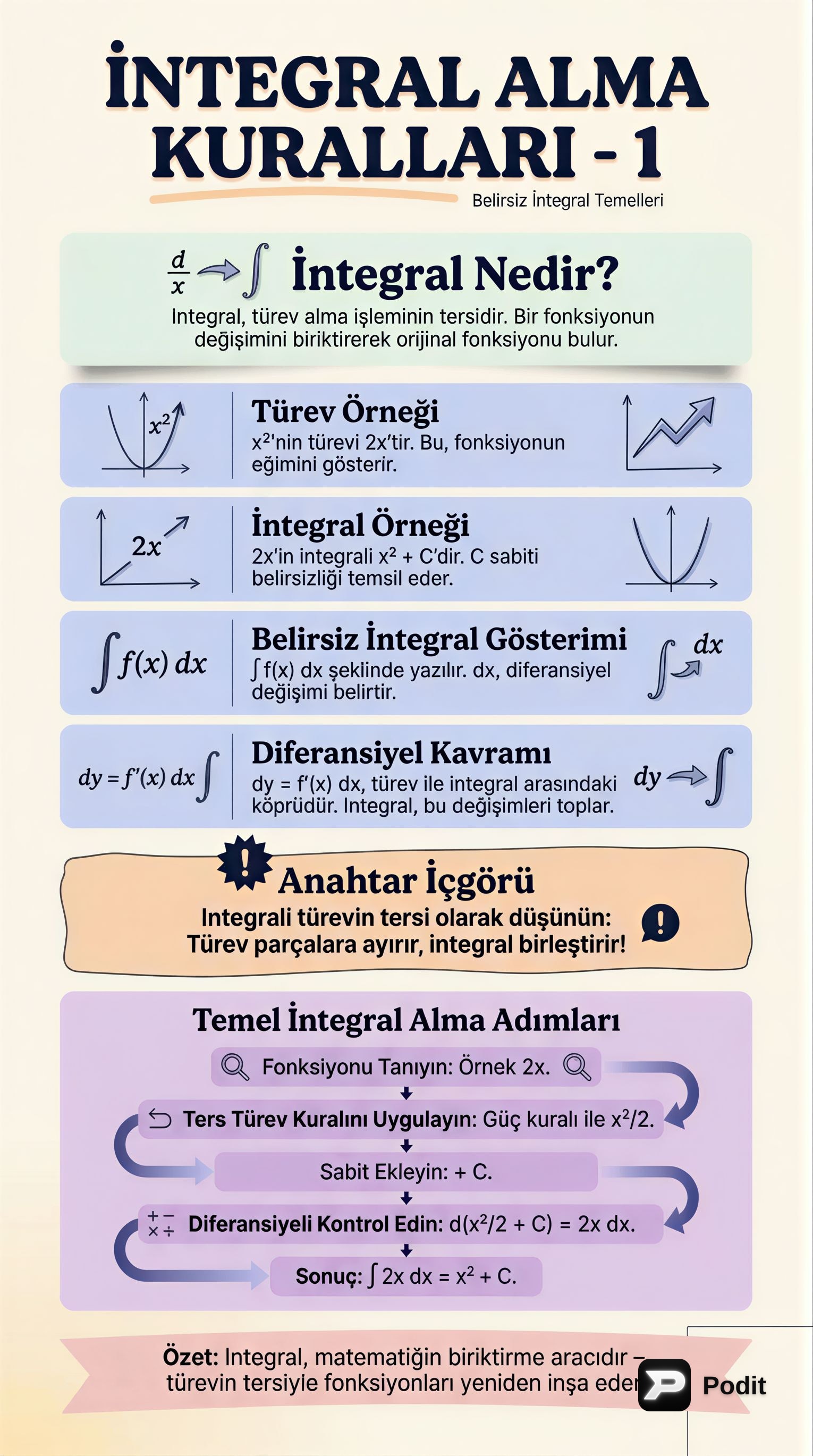İntegral Alma Kuralları: Temel İlkeler - görsel özet infografik