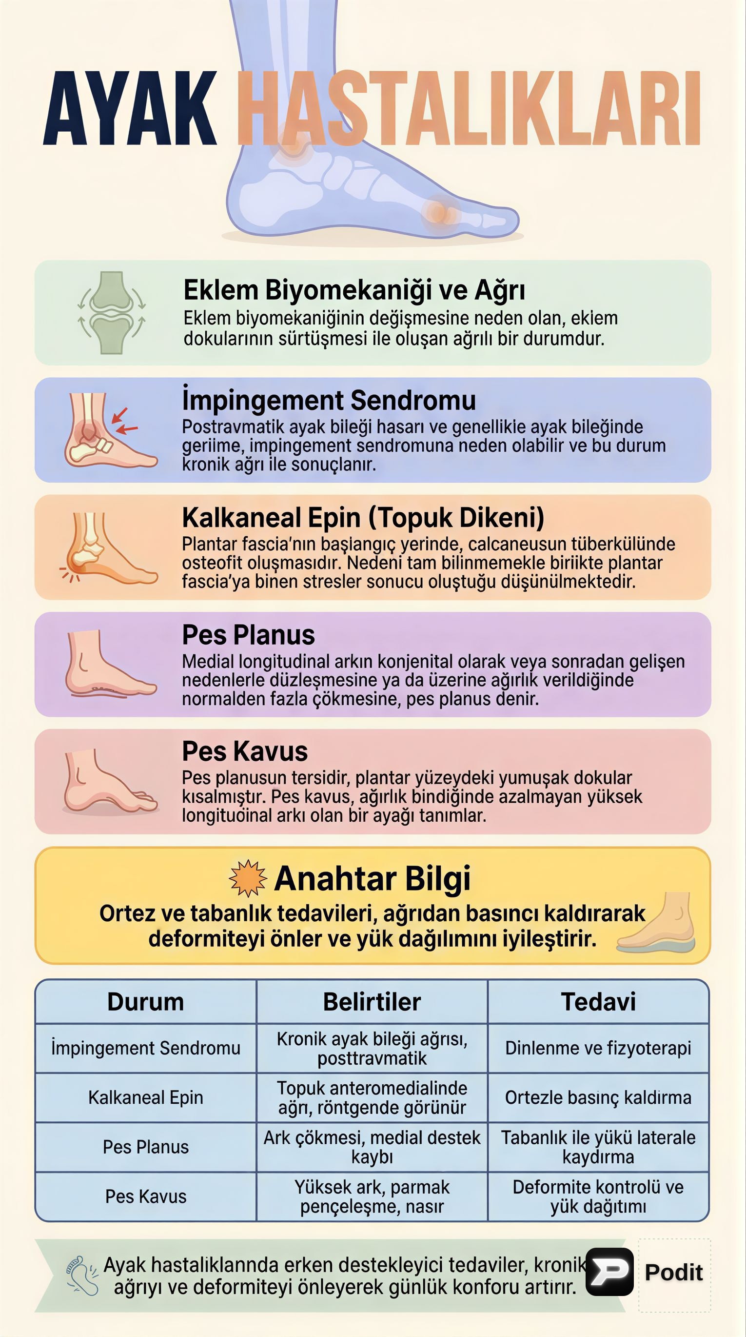 Ayak Hastalıkları: Topuk Dikeni, Düz ve Çukur Tabanlık - görsel özet infografik