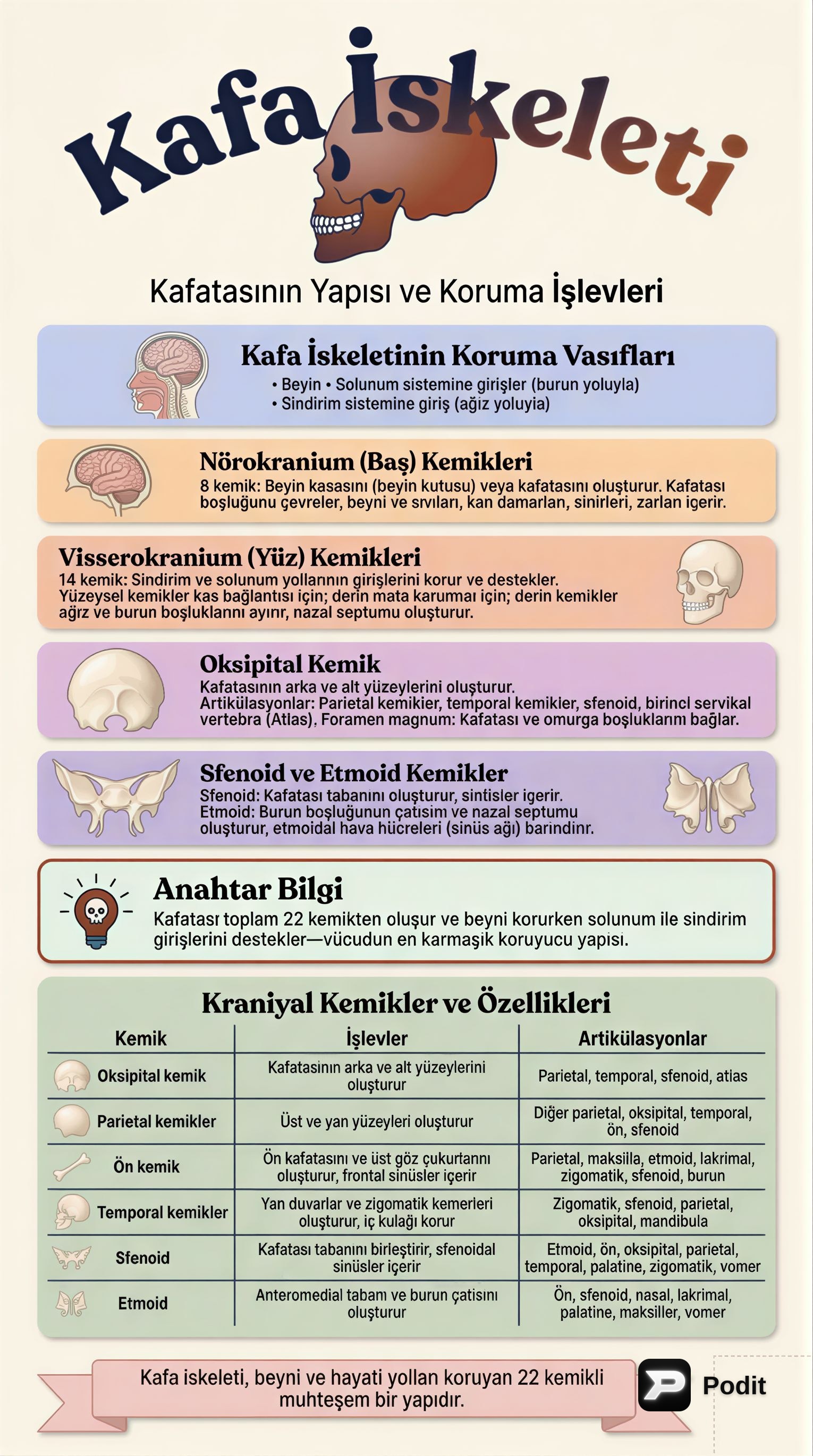 Kafa İskeleti: Yapısı ve Fonksiyonları - görsel özet infografik