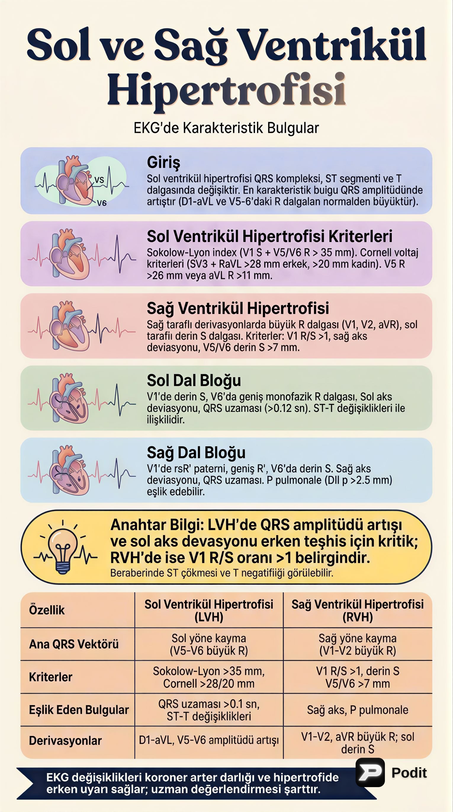 Elektrokardiyografide Ventrikül Hipertrofisi ve Dal Blokları - görsel özet infografik