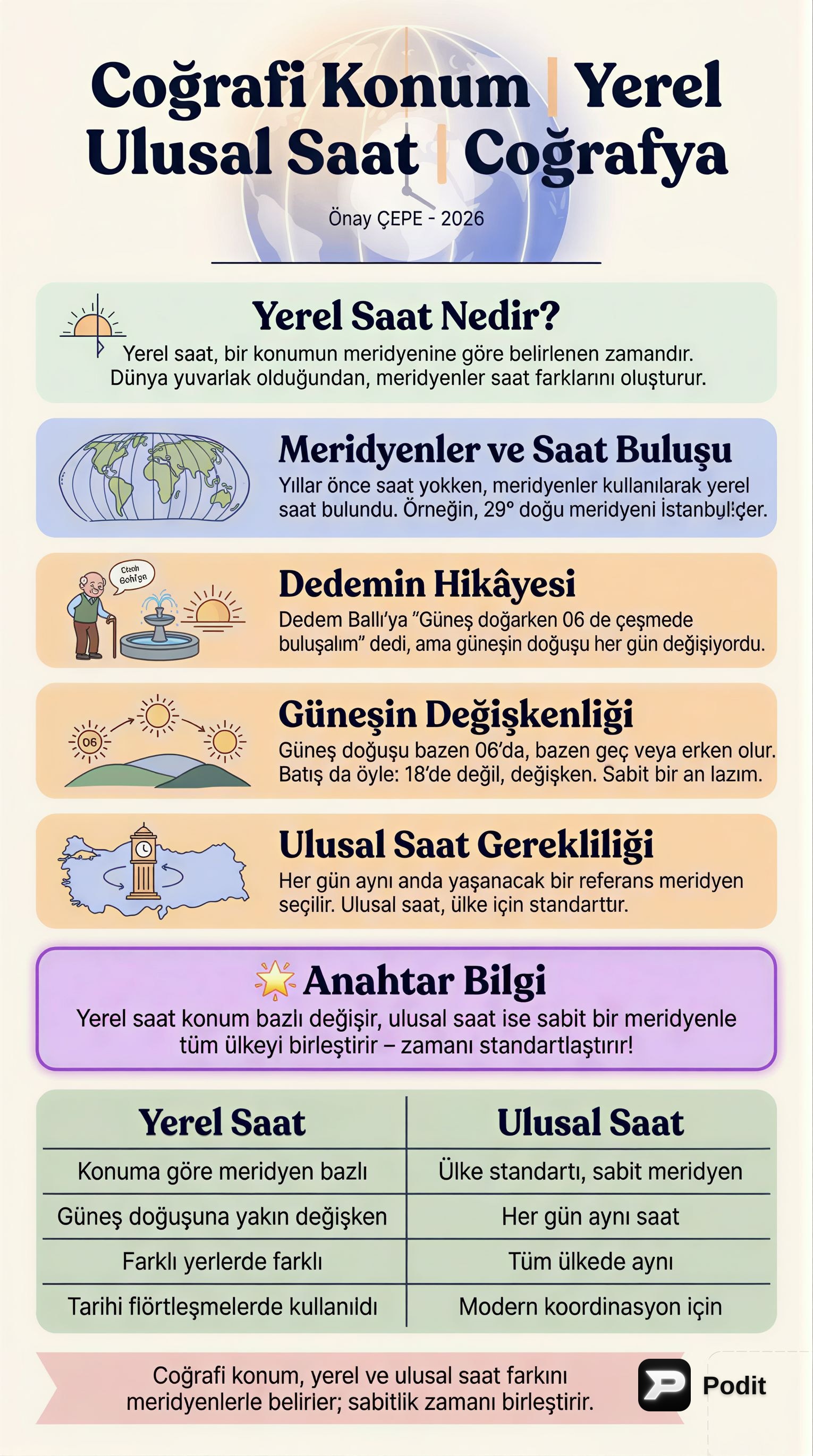 Coğrafi Konum, Yerel ve Ulusal Saat Kavramları - görsel özet infografik
