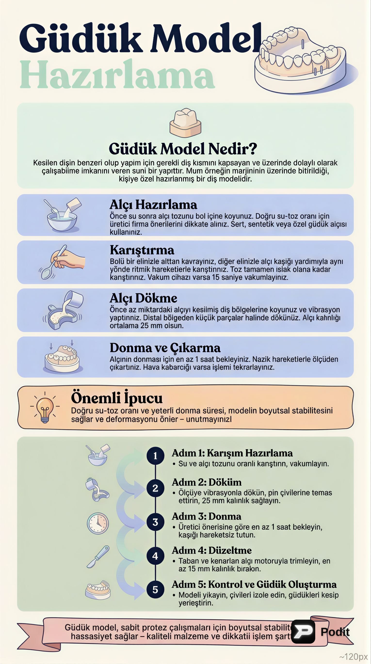 Diş Modeli ve Güdüklü Model Hazırlama Teknikleri - görsel özet infografik