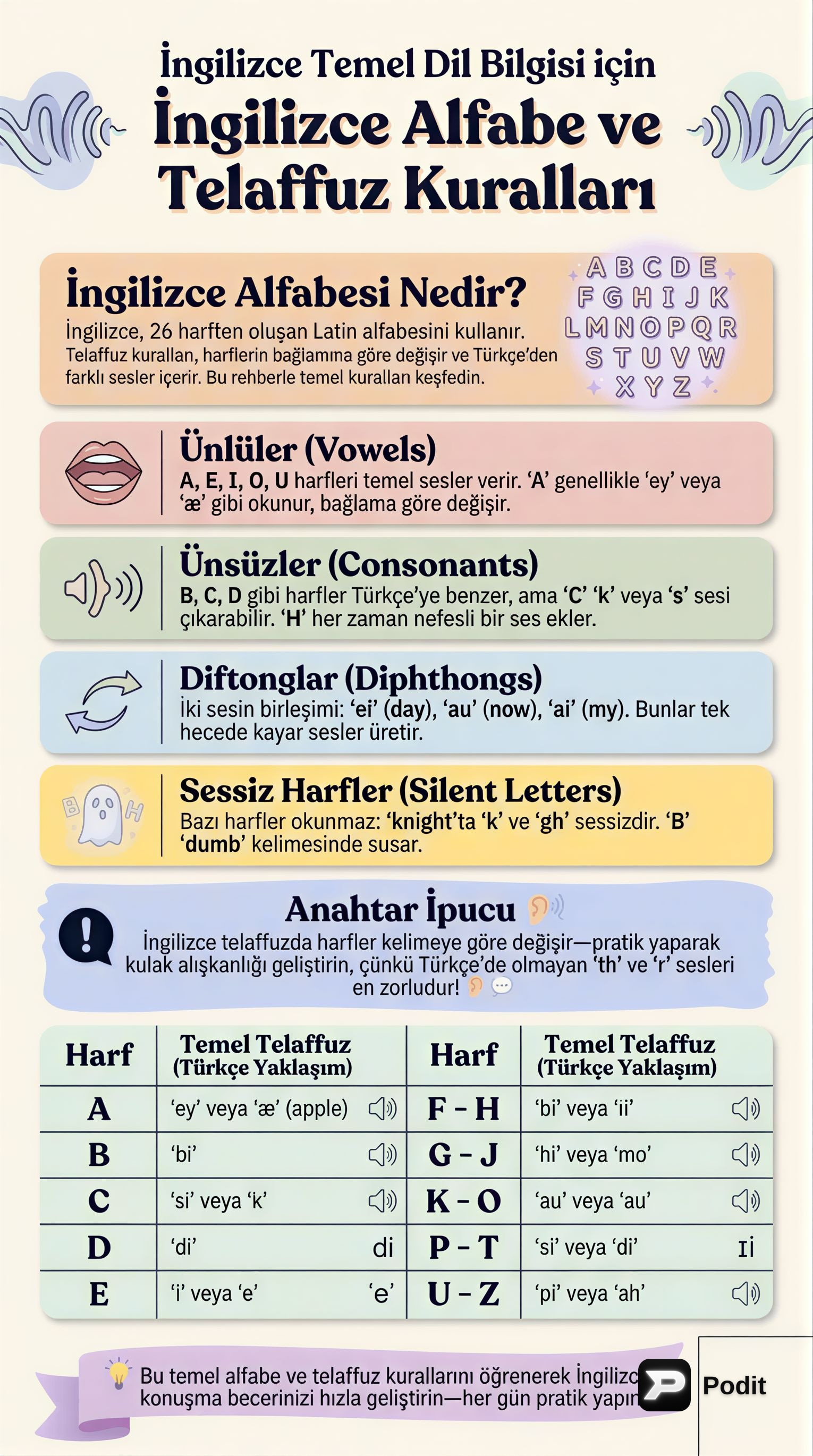 İngiliz Alfabesi ve Temel Telaffuz Kuralları - görsel özet infografik