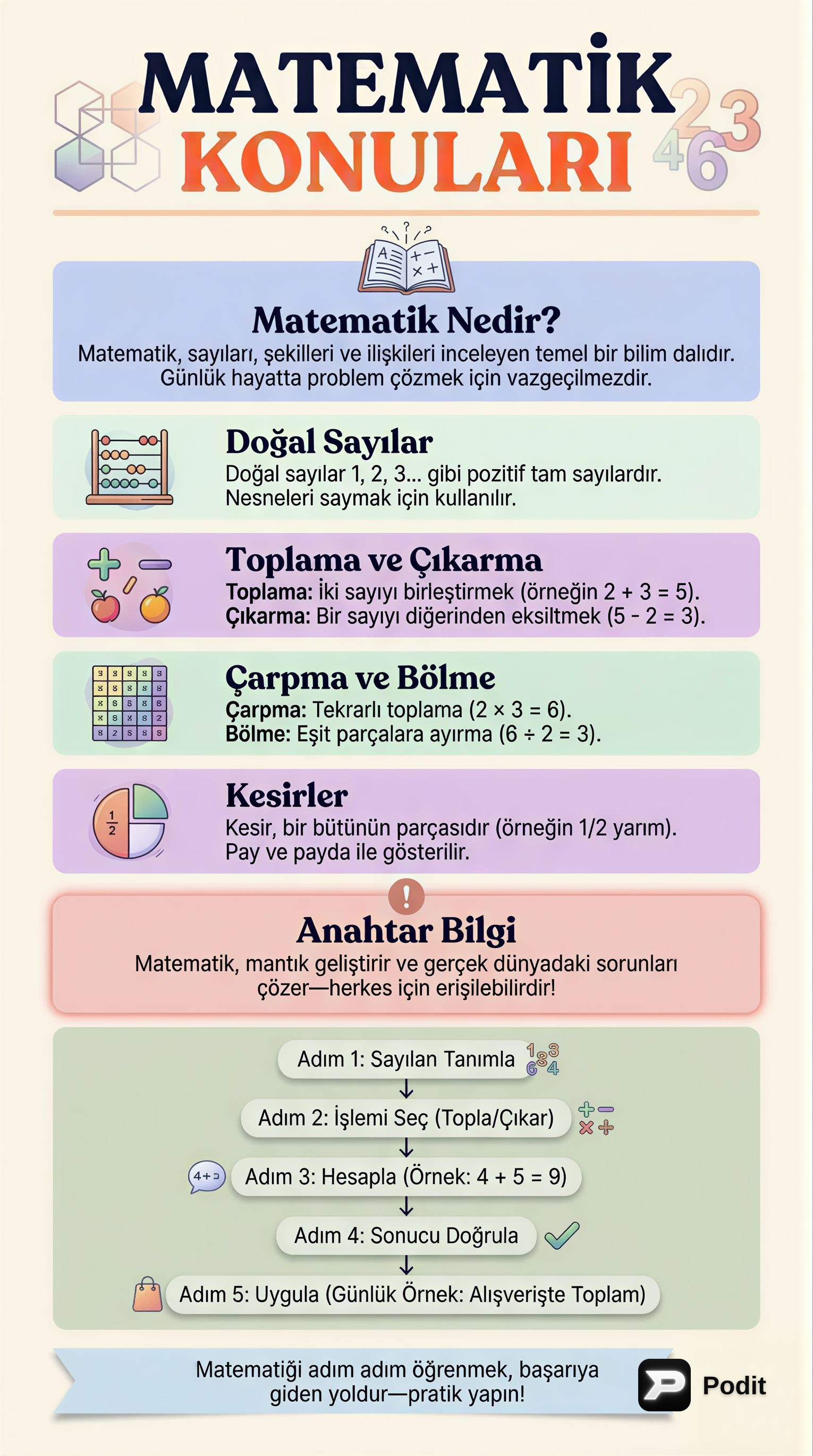 Matematiğin Temel Kavramları ve Alanları - görsel özet infografik