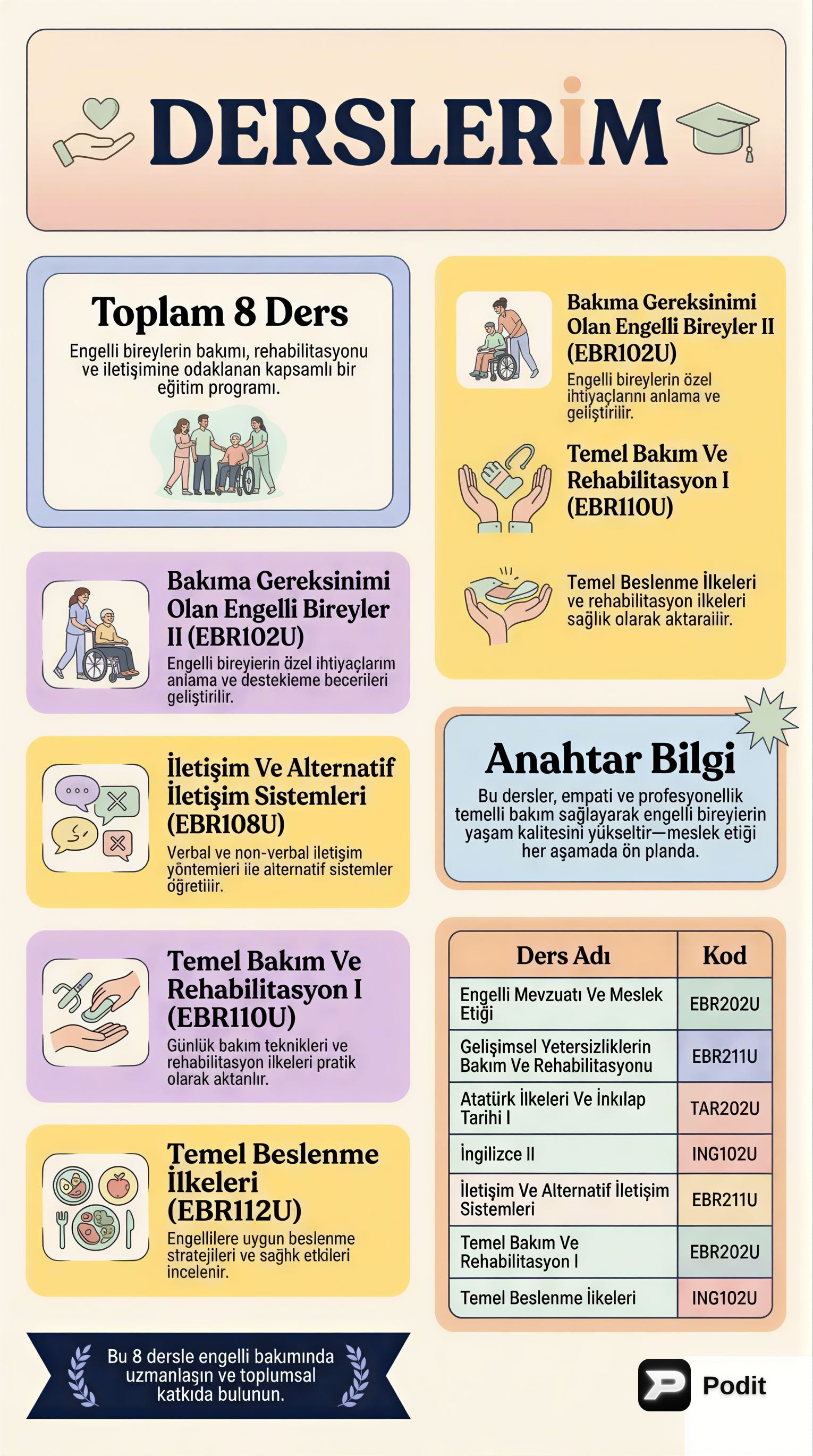 Engelli Bireylere Yönelik Bakım ve Rehabilitasyon Programı Dersleri - görsel özet infografik