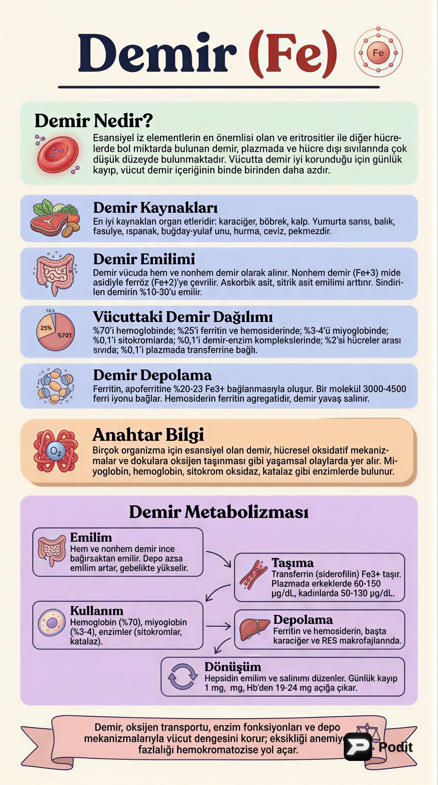 Demirin Vücuttaki Rolü, Metabolizması ve Bozuklukları - görsel özet infografik