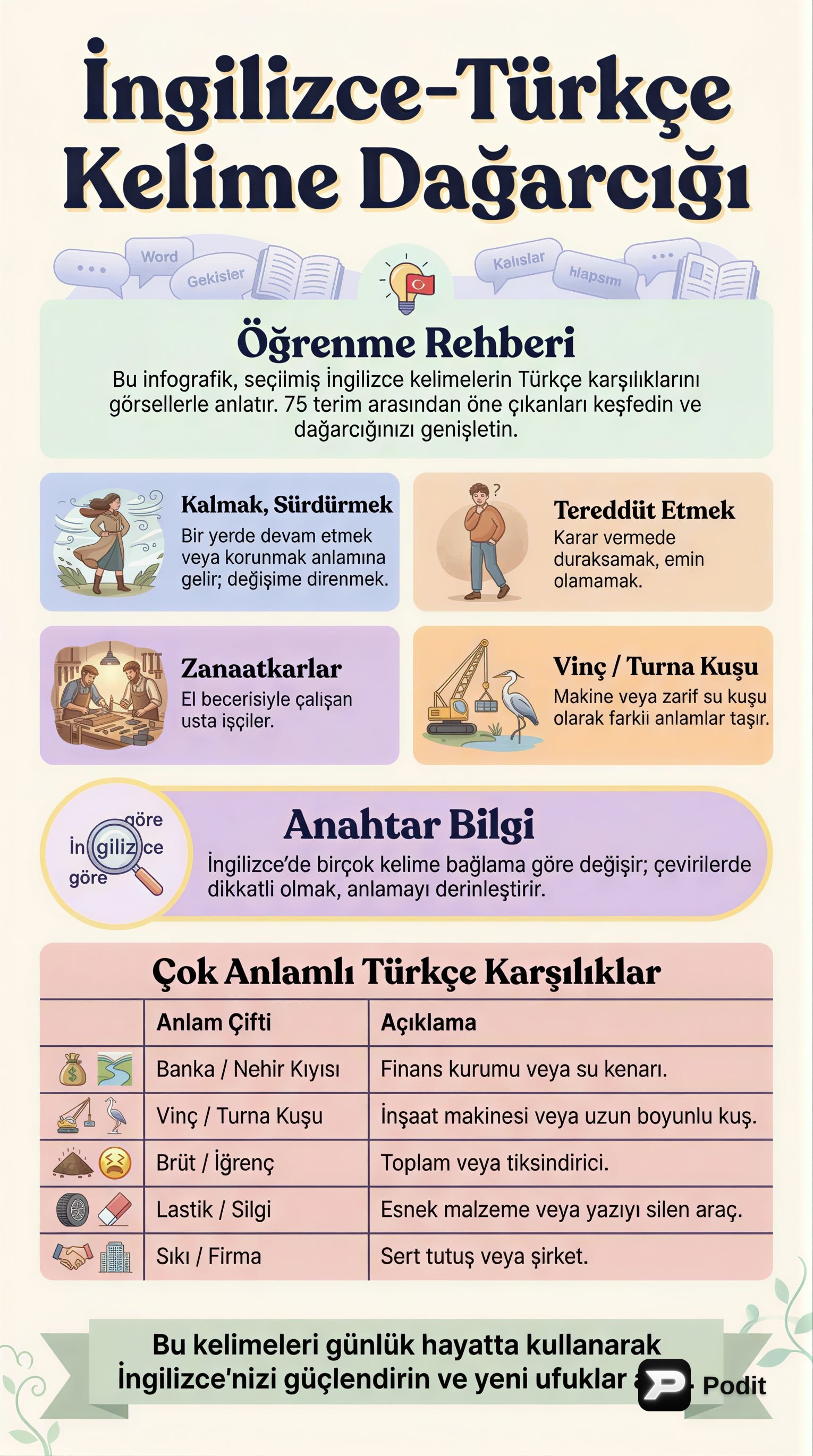 Temel İngilizce Kelime Bilgisi ve Anlamsal Çeşitlilik - görsel özet infografik