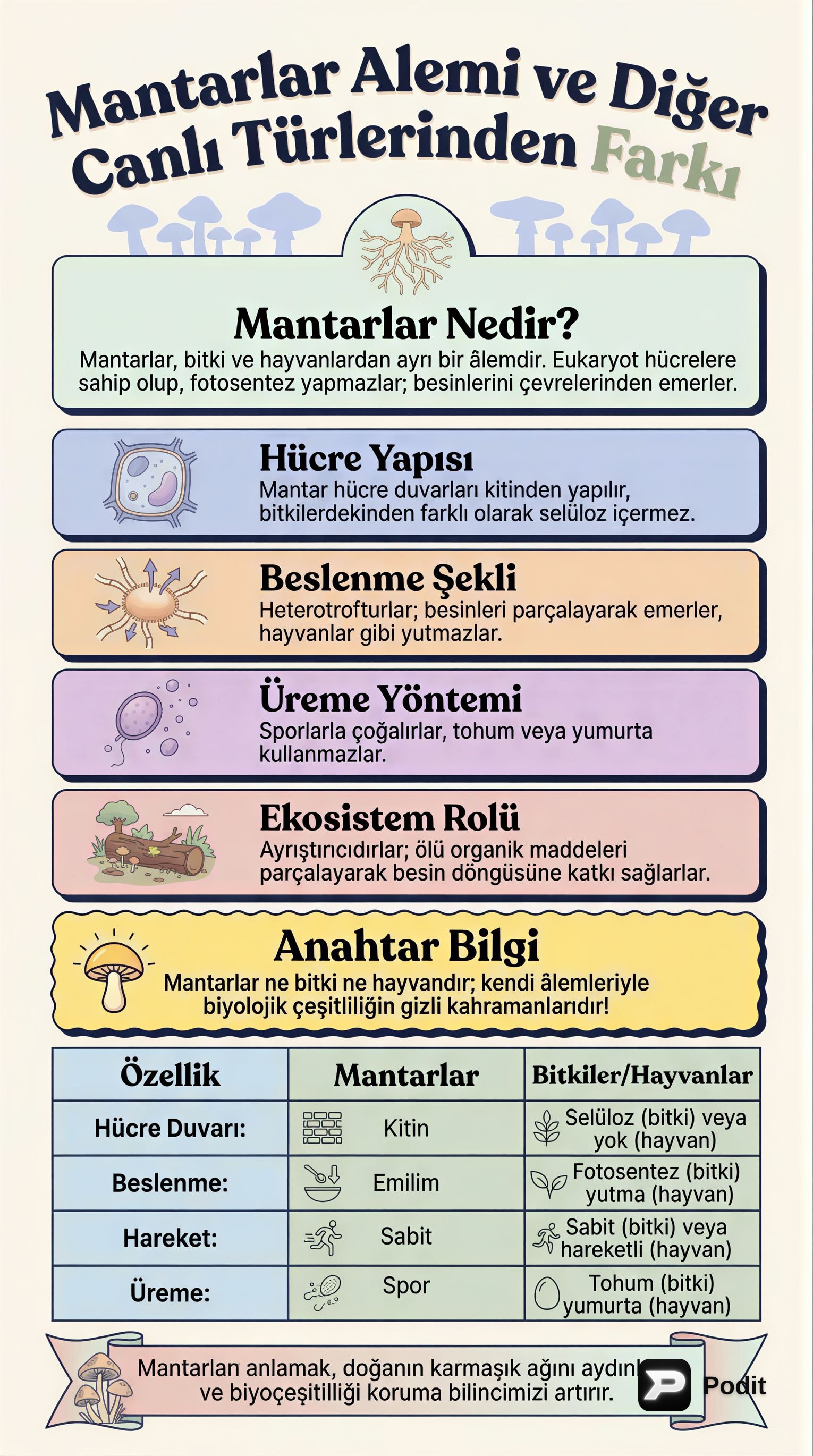 Mantarlar Alemi: Bitki mi, Hayvan mı, Yoksa Başka Bir Şey mi? - görsel özet infografik