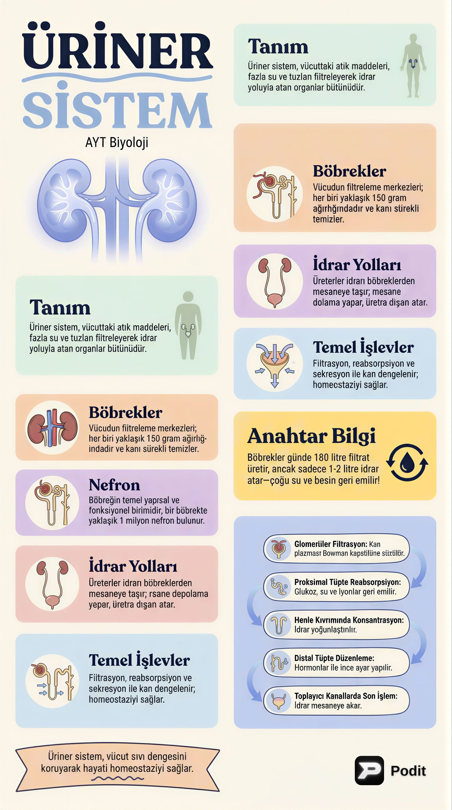 AYT Biyoloji: Üriner Sistem - görsel özet infografik
