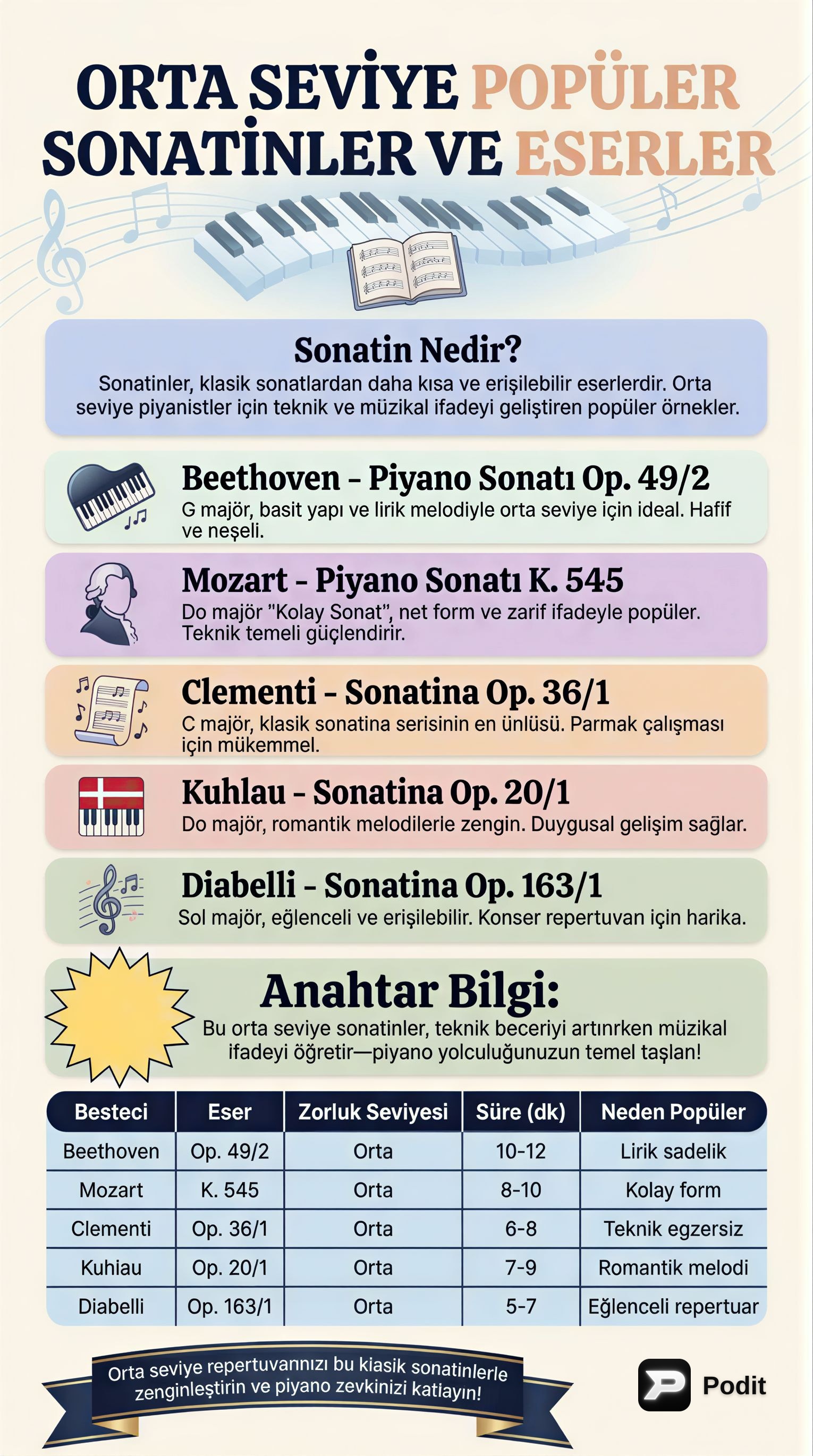 Orta Seviye Piyano İçin Popüler Sonatin ve Eserler - görsel özet infografik