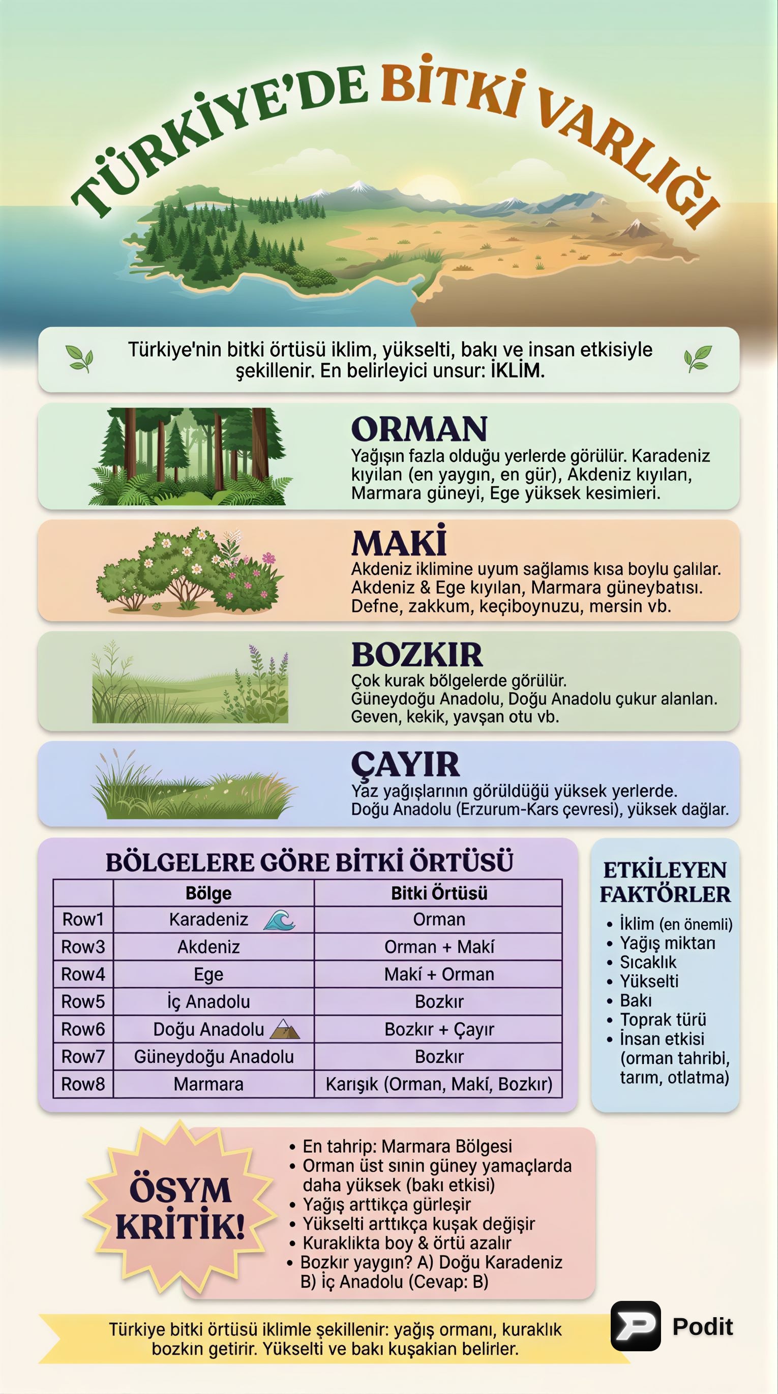 Türkiye'de Bitki Varlığı ve Etkileyen Faktörler - görsel özet infografik