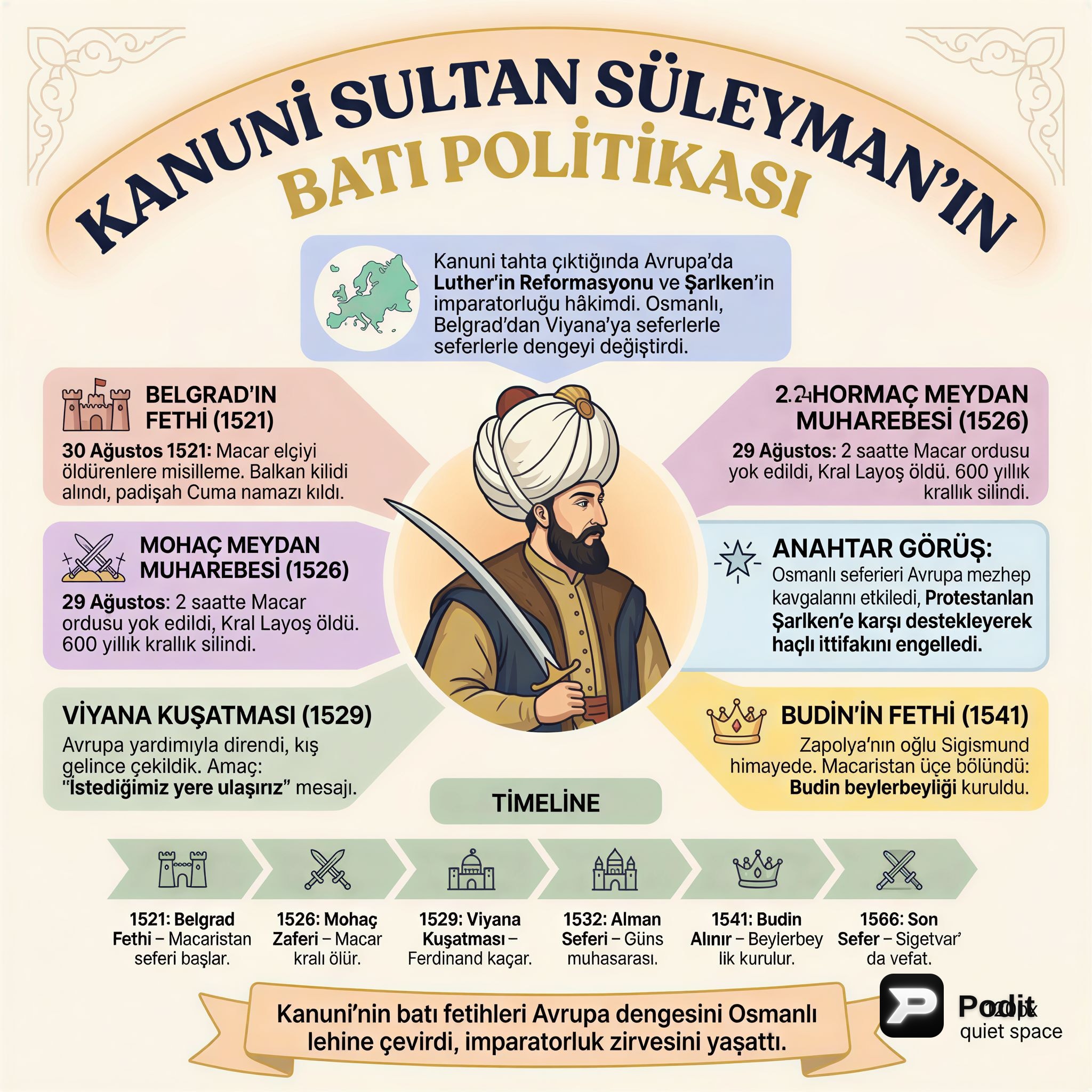 Kanuni Sultan Süleyman'ın Batı Politikaları ve Fetihleri - görsel özet infografik