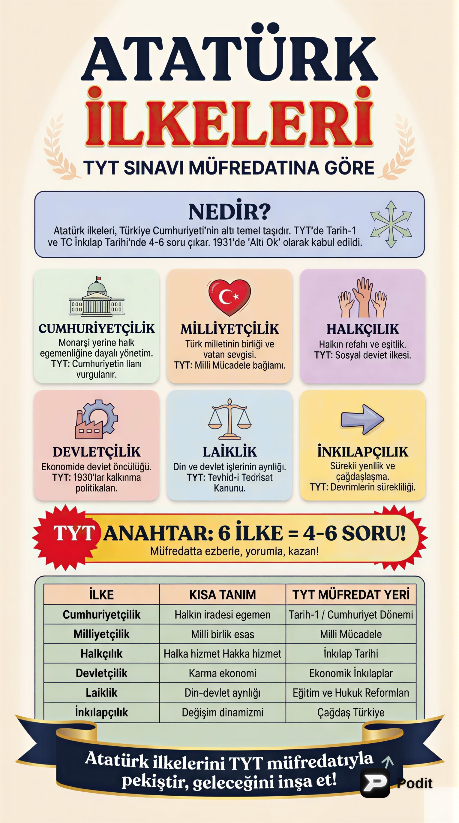 TYT Müfredatına Göre Atatürk İlkeleri - görsel özet infografik