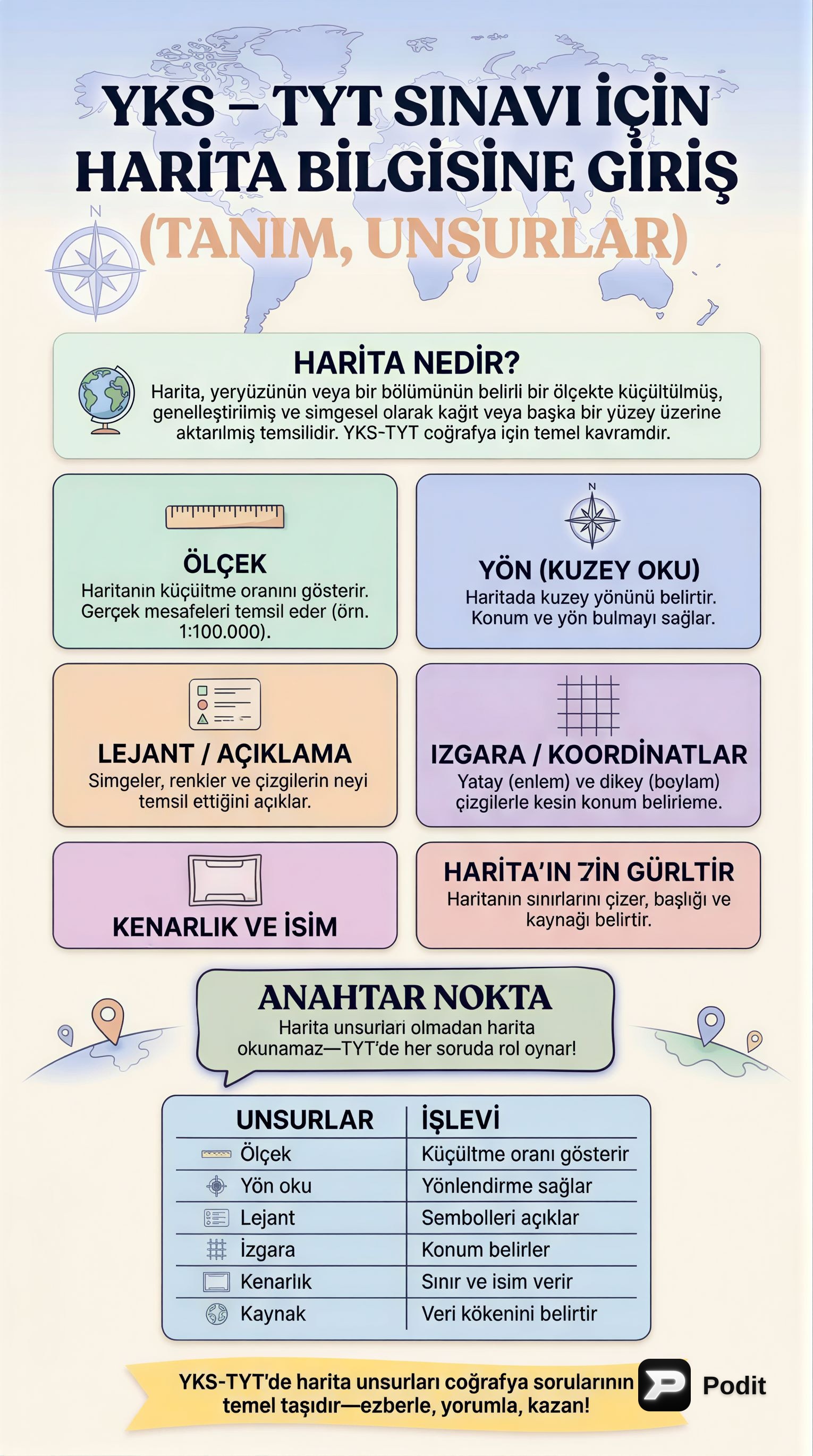 YKS-TYT Harita Bilgisine Giriş ve Temel Unsurları - görsel özet infografik