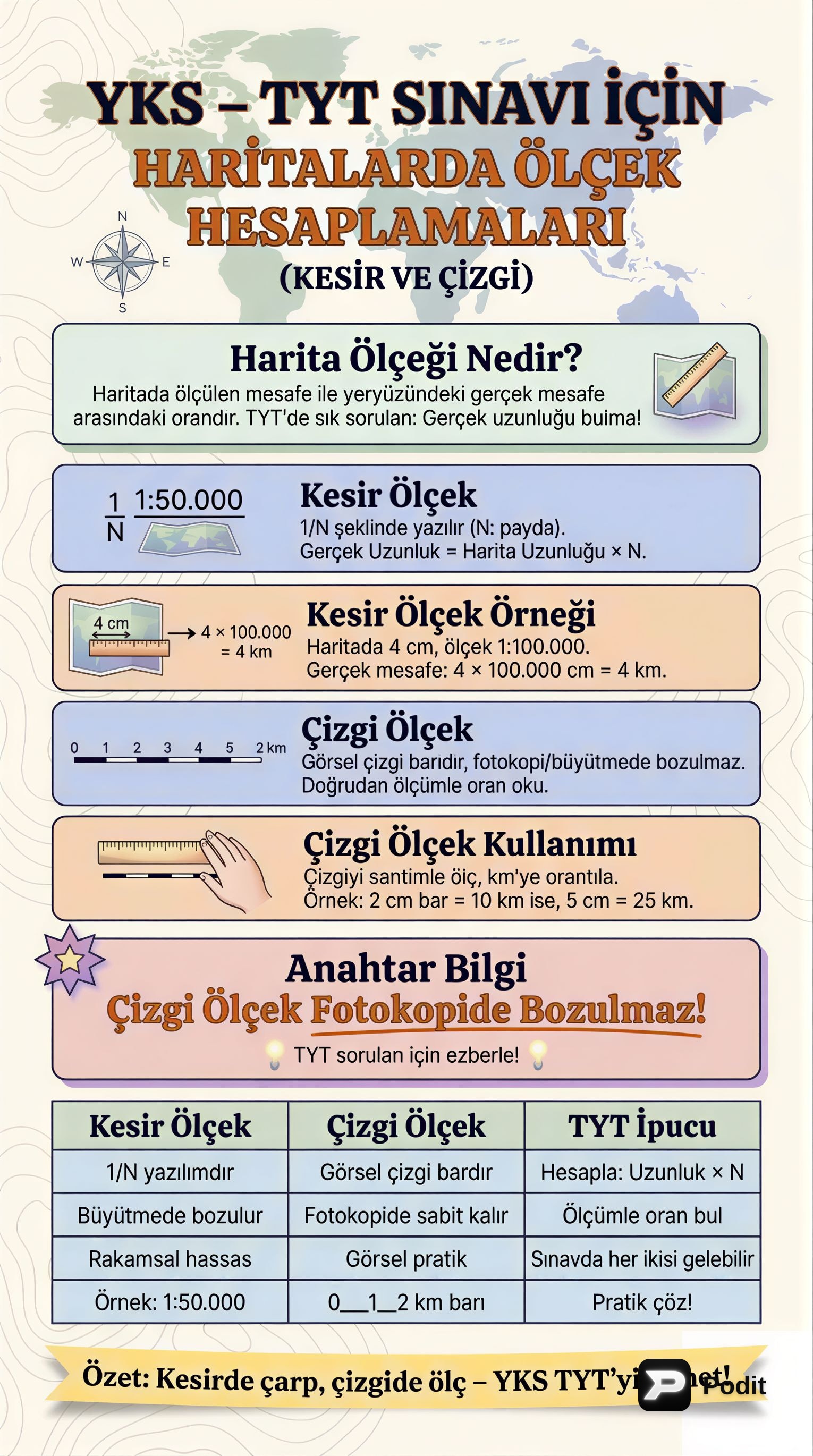 Haritalarda Ölçek Hesaplamaları: Kesir ve Çizgi Ölçek - görsel özet infografik