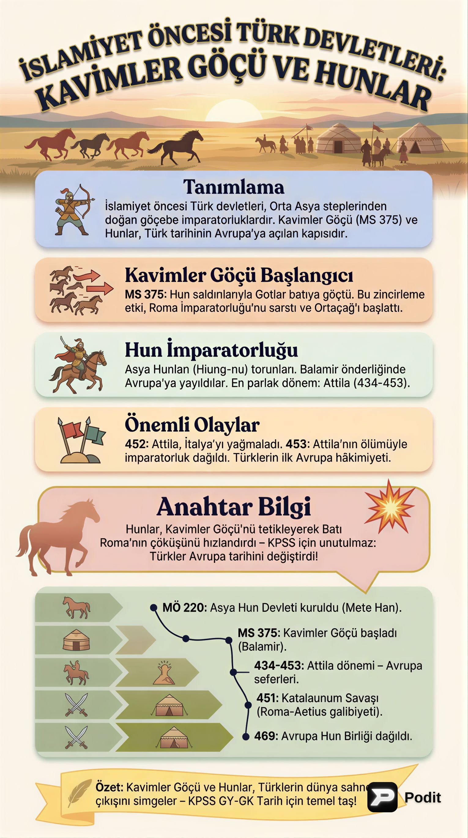 İslamiyet Öncesi Türk Devletleri: Hunlar ve Kavimler Göçü - görsel özet infografik