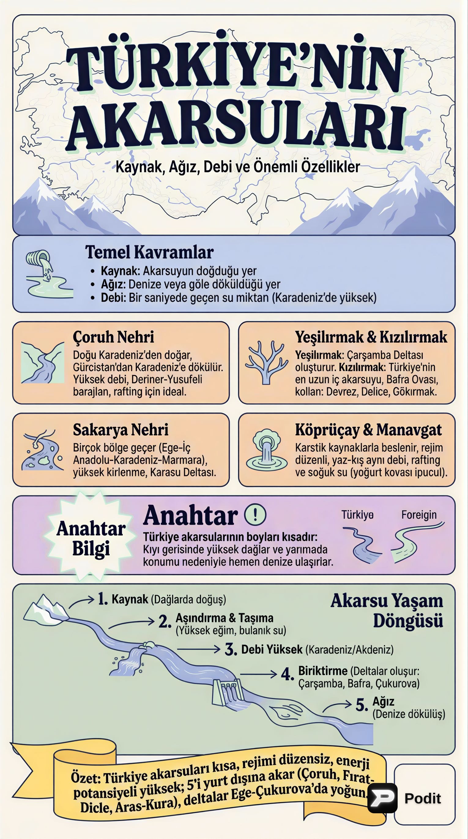 Türkiye'nin Akarsuları: Coğrafi Özellikler ve Önemli Akarsular - görsel özet infografik