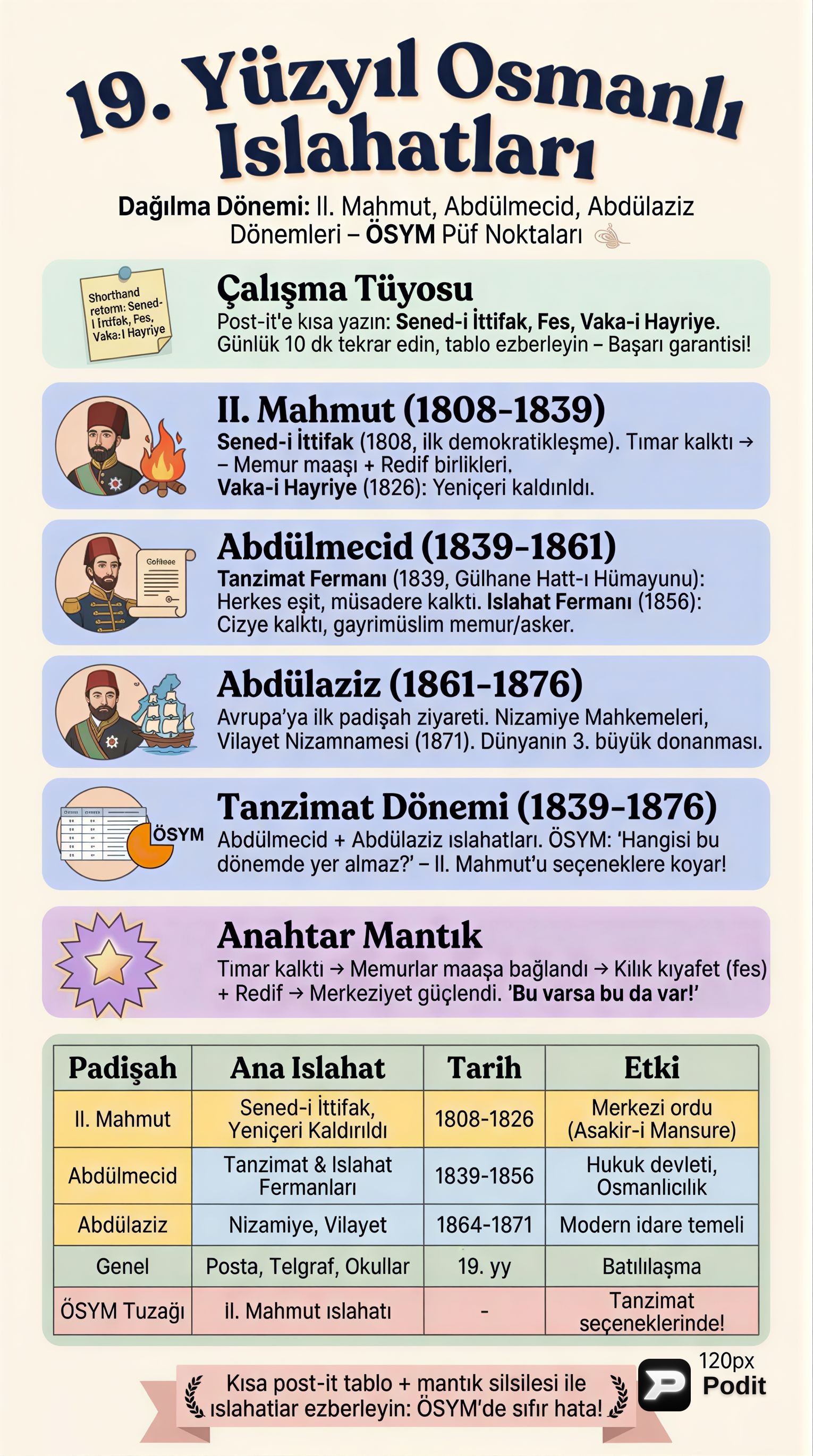 19. Yüzyıl Osmanlı Islahatları: II. Mahmud, Abdülmecid, Abdülaziz - görsel özet infografik