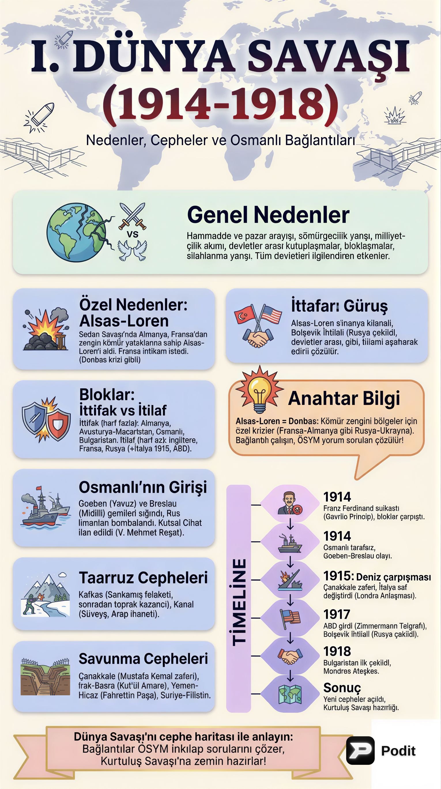Birinci Dünya Savaşı ve Osmanlı'nın Rolü - görsel özet infografik