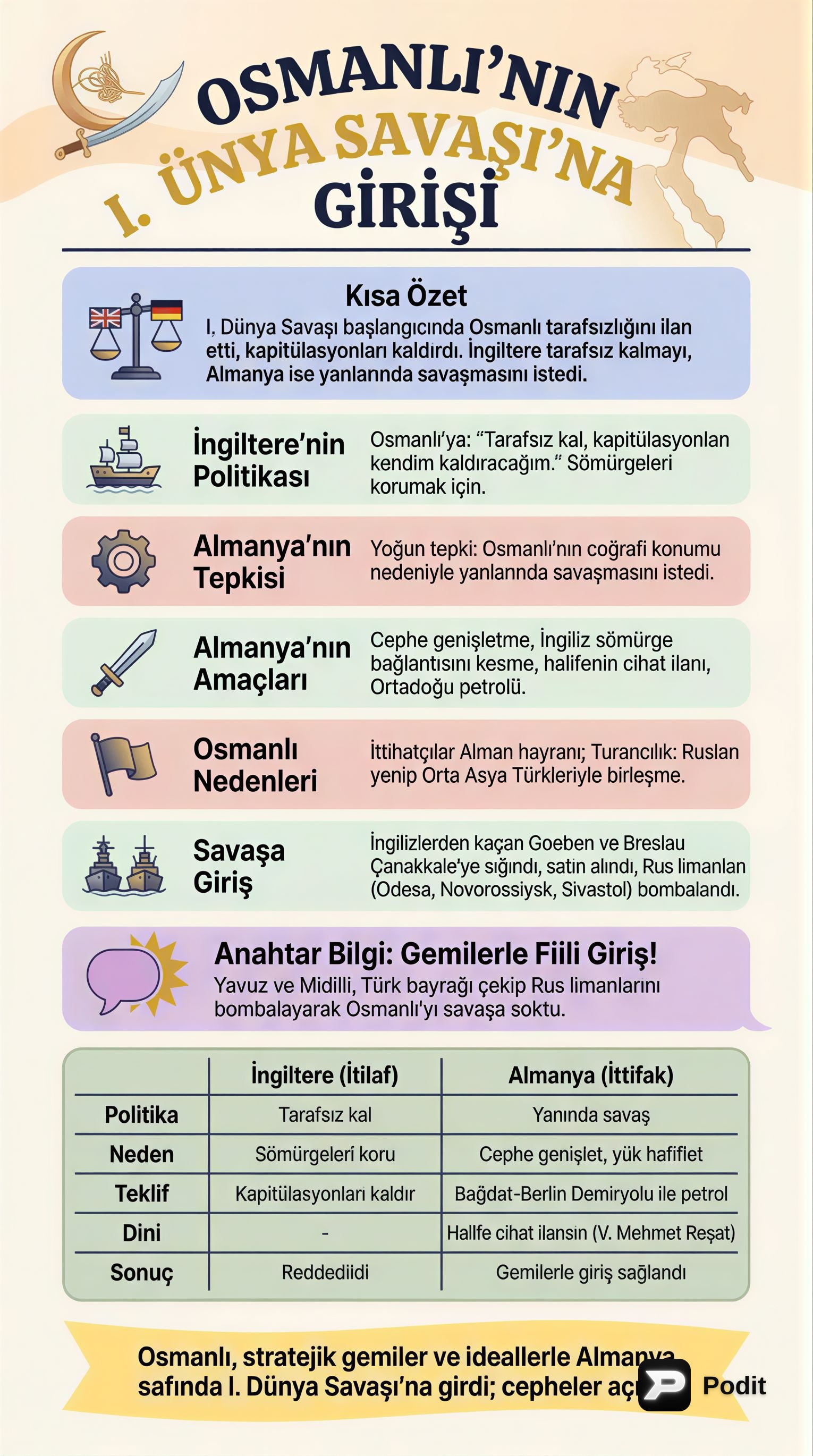 I. Dünya Savaşı ve Osmanlı İmparatorluğu'nun Rolü - görsel özet infografik