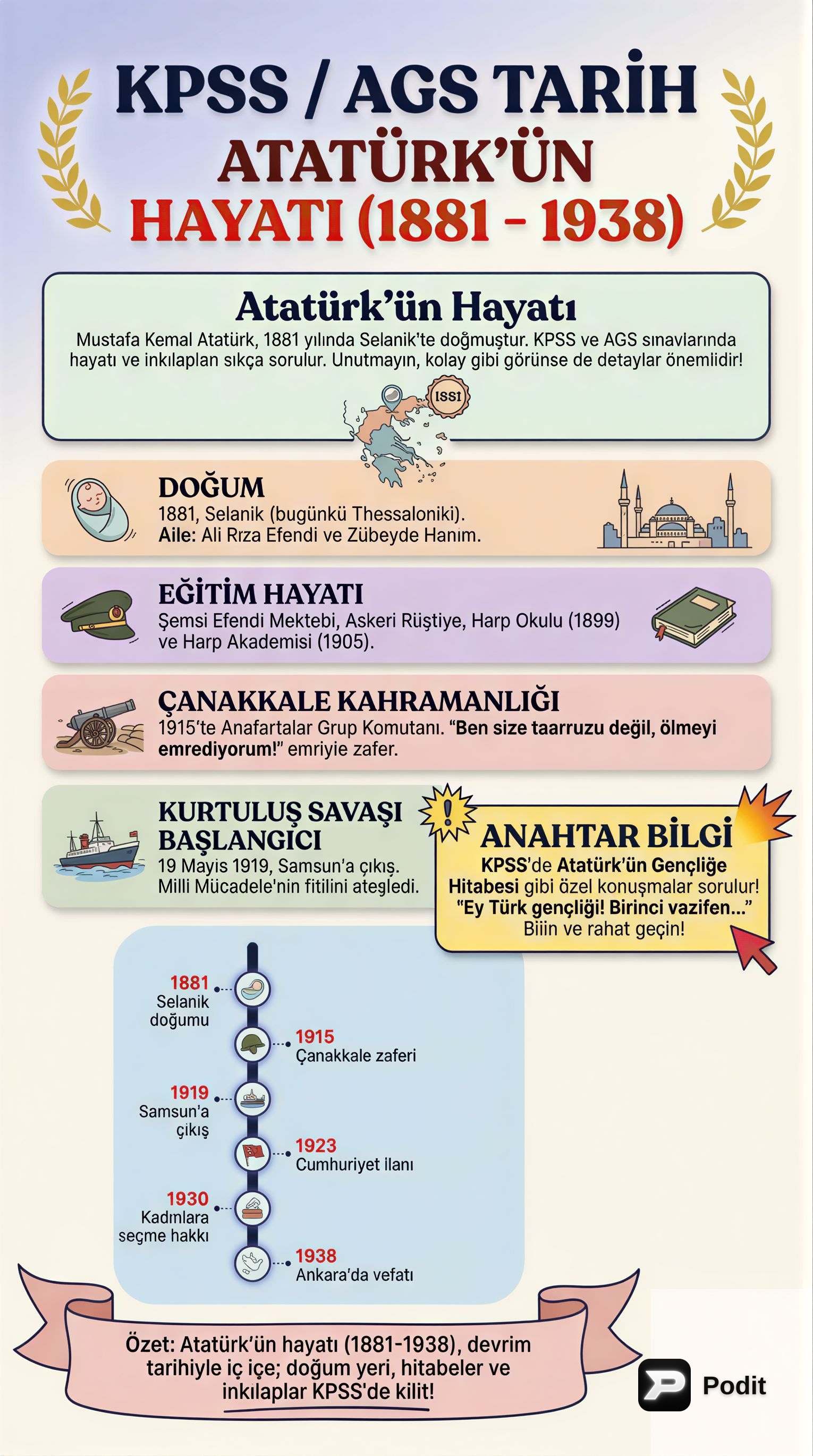 Atatürk'ün Hayatı: 1881-1938 Dönemi - görsel özet infografik